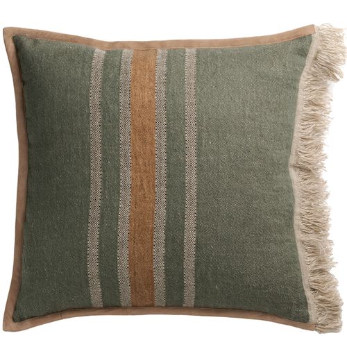 Striped Linen Cushion with Fringe & Suede Trim, Pine & Clay