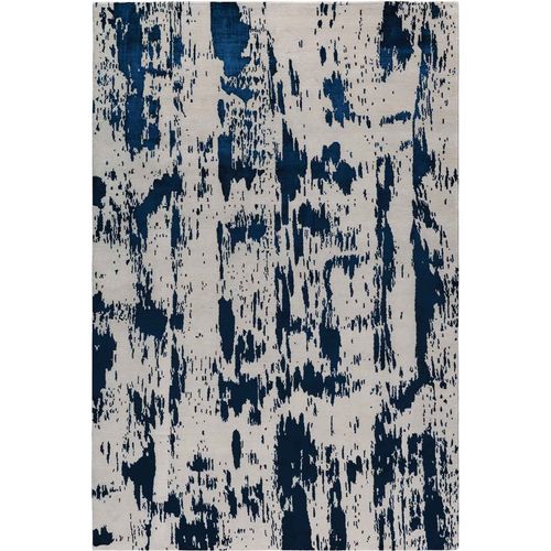 Inkwell Abstract Wool and Silk Rectangular Rug, Beige & Blue